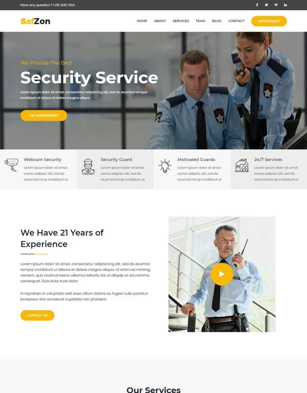 Download SafZon - Security Guard HTML Template SafZon brings 2 Unique Home Layouts and a total of 9+ HTML Pages