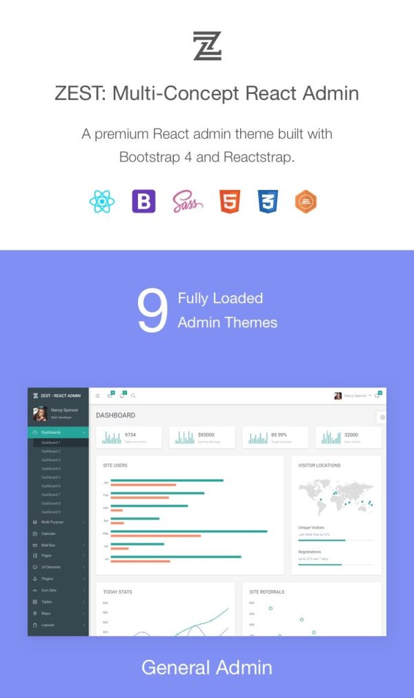 Download Zest: Multi-Concept React Admin Template A premium multi-purpose admin dashboard theme based on React framework, Bootstrap 4 and Reactstrap