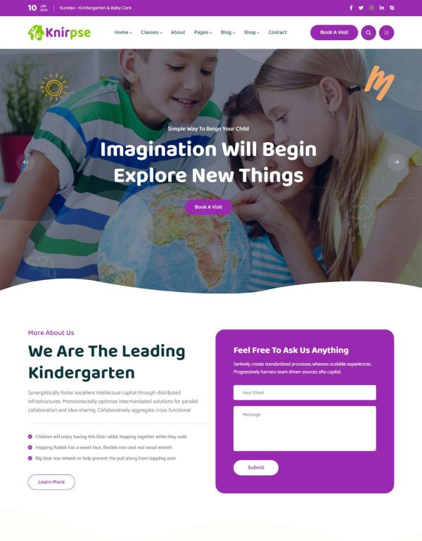 Download Knirpse – Kindergarten & Baby Care WordPress Theme Knipse coded with beautiful and clean code and the power of Elementor. Fast & Easy to Customize!