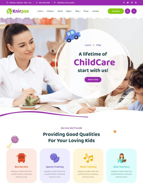 Download Knirpse – Kindergarten & Baby Care WordPress Theme Knipse coded with beautiful and clean code and the power of Elementor. Fast & Easy to Customize!