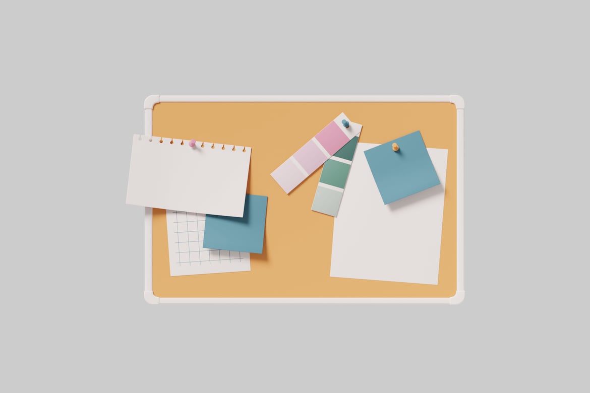 Download A corkboard with various items pinned to it. 3D Model