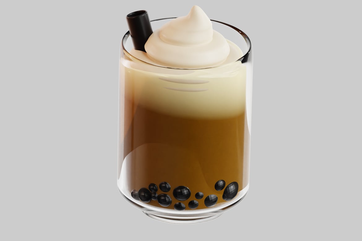 Download A glass of brown liquid with creamy foam and black bubbles. 3D Model