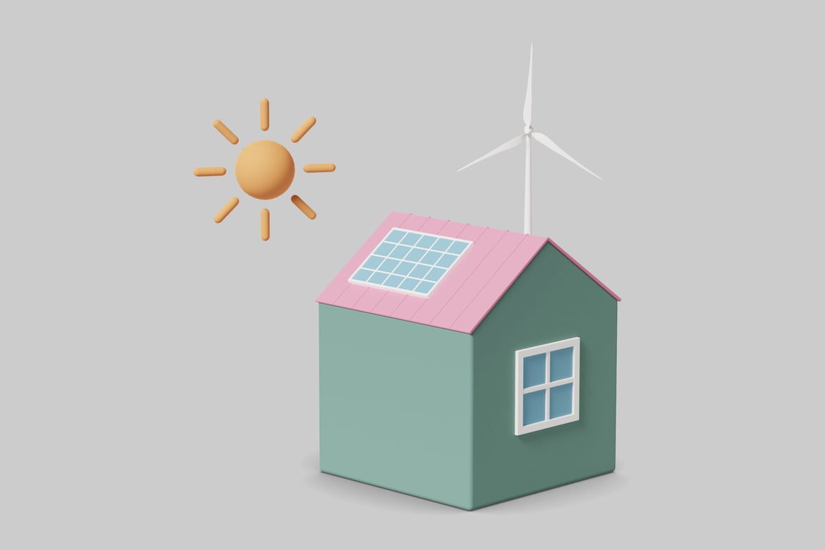 Download A house with a solar panel and wind turbine. 3D Model