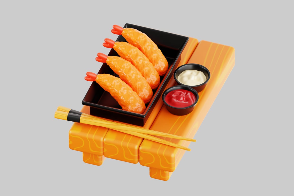 Download A plate of shrimp with dipping sauces and chopsticks 3D Model