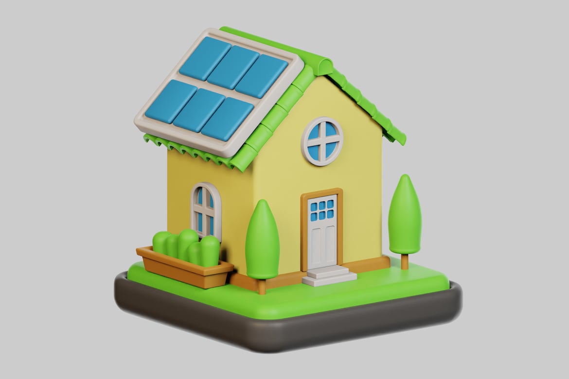 Download A small yellow house with a green roof and solar panels. 3D Model