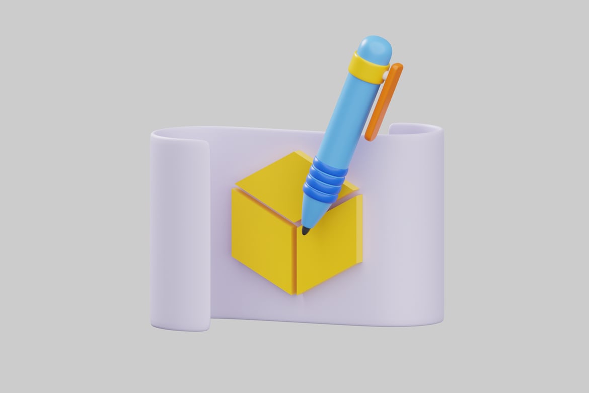 Download A stylized pen and cube on a scroll 3D Model