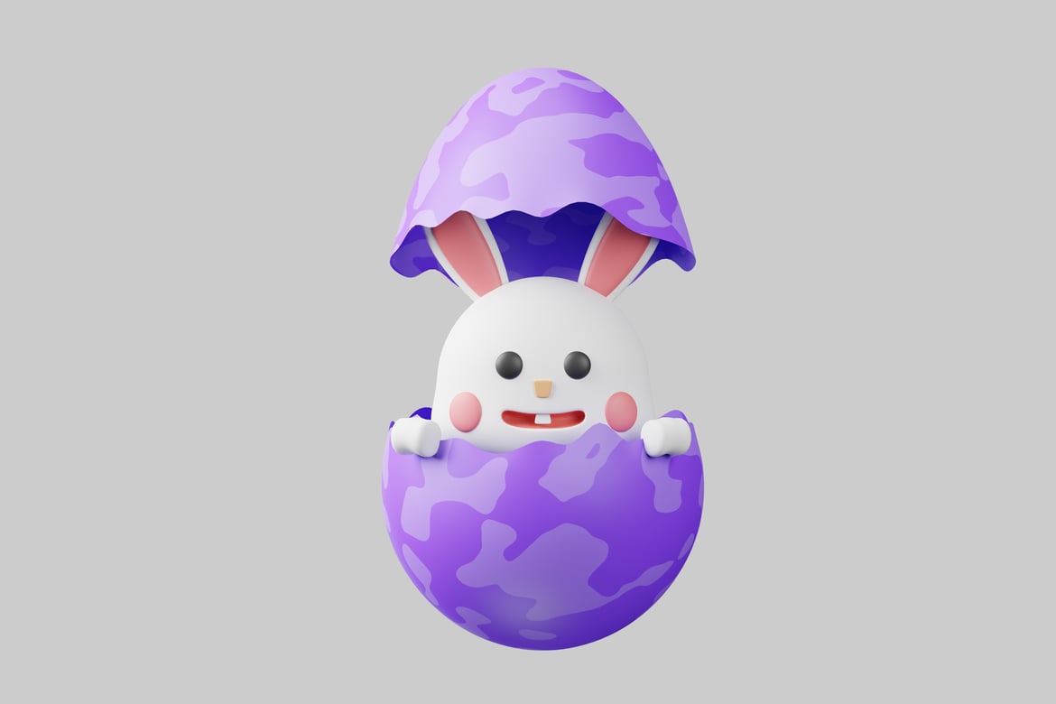 Download A white rabbit emerging from a purple eggshell. 3D Model