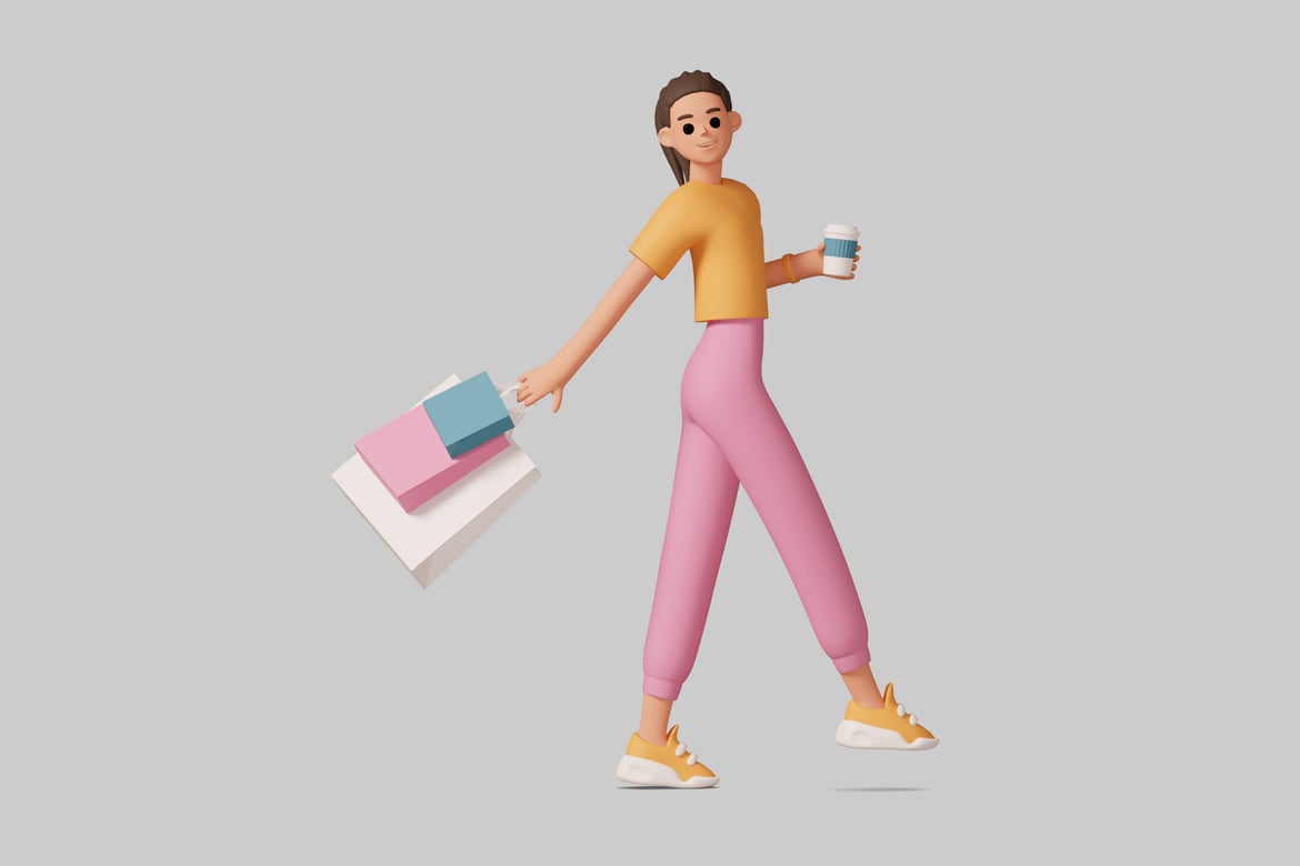 Download A woman walks with shopping bags and a coffee cup. 3D Model