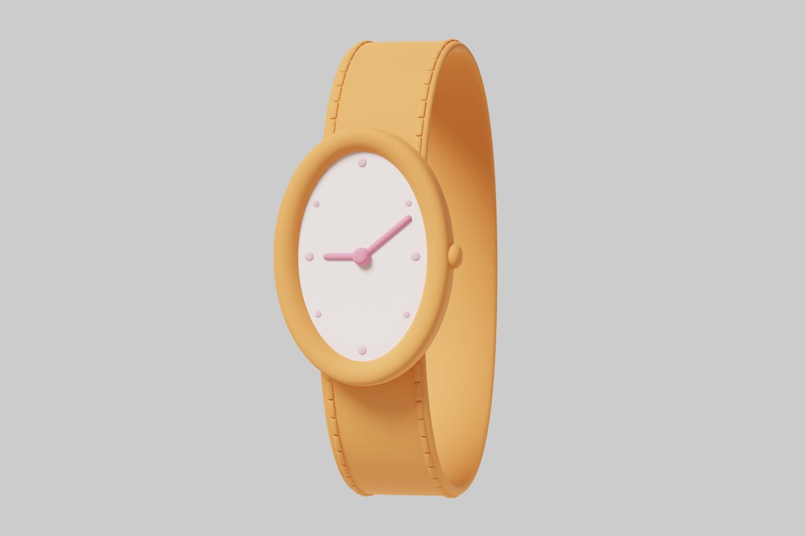 Download A yellow watch with a white face and a pink clock hand. 3D Model