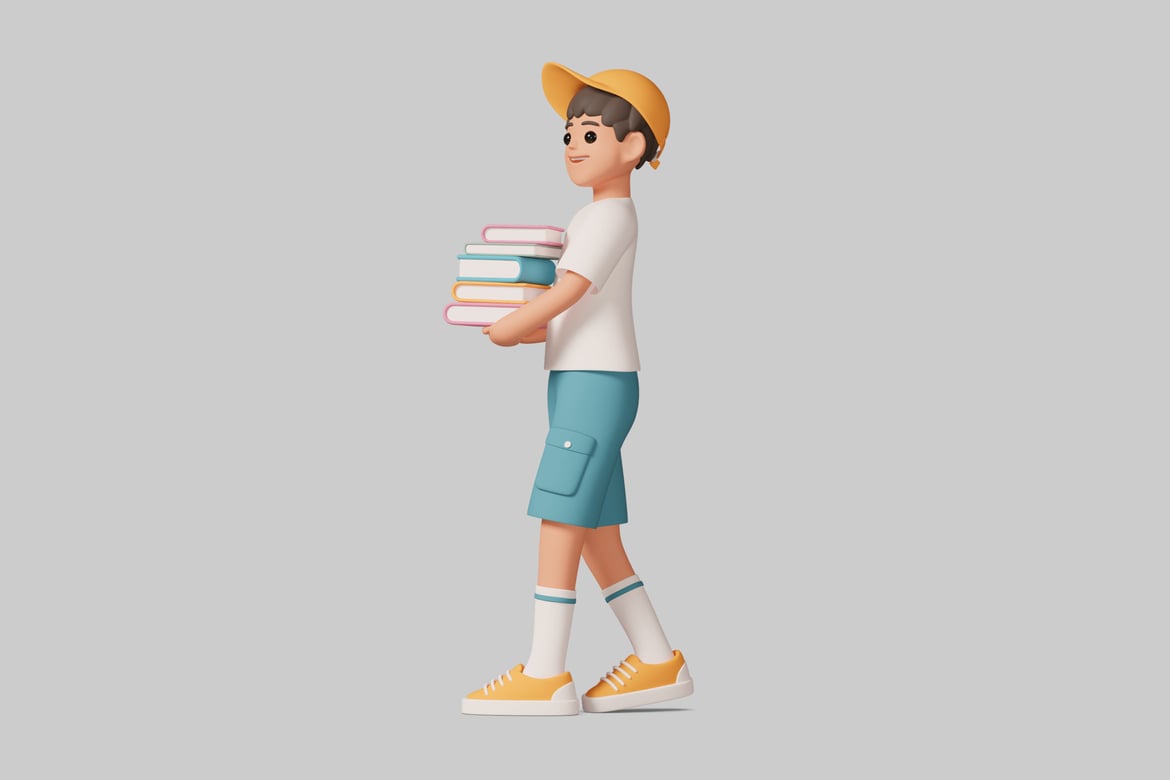 Download A young boy carrying a stack of books 3D Model