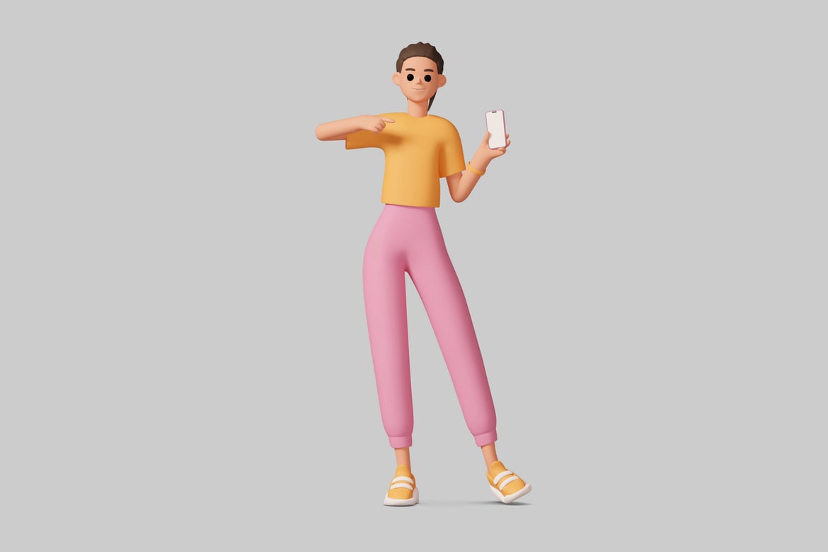 Download A young person in a cartoon style points to a white cell phone. 3D Model