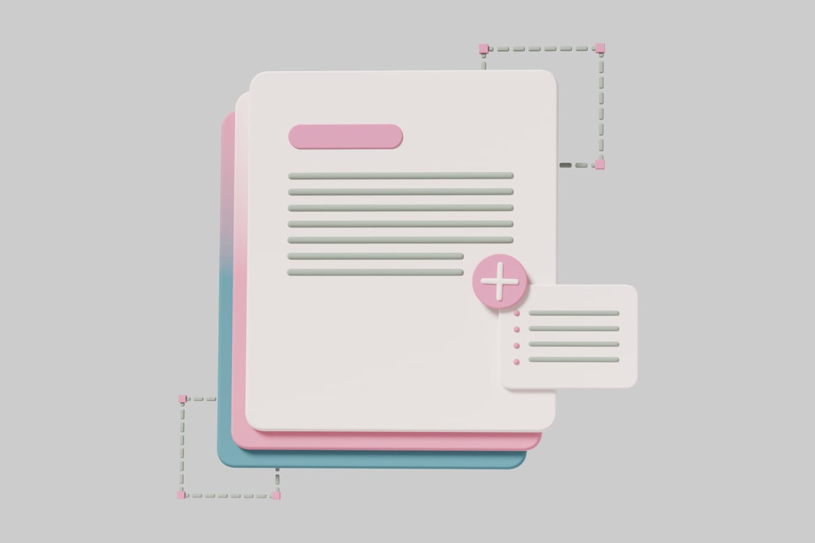 Download Abstract document with pink and blue border, plus sign and lines. 3D Model