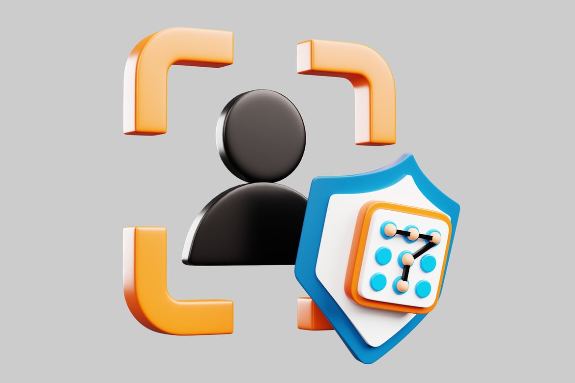 Download Abstract figure with blue shield and orange symbols 3D Model