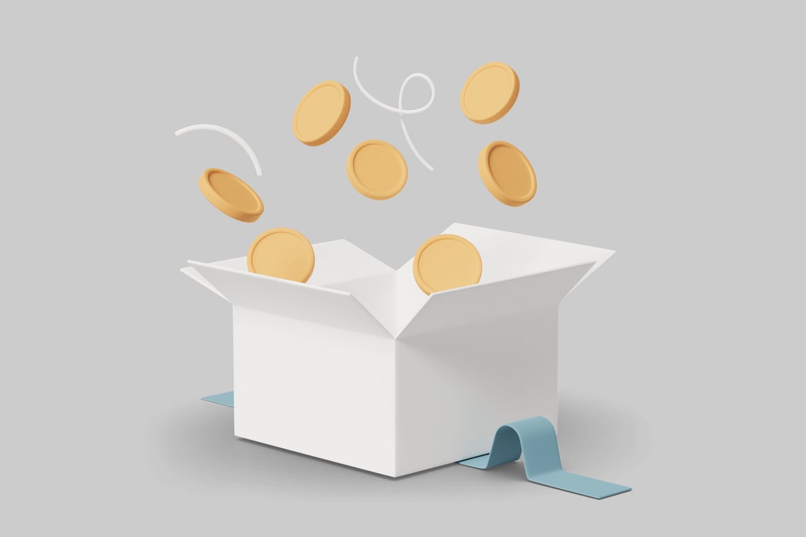 Download Abstract golden coins flying out of a white box. 3D Model