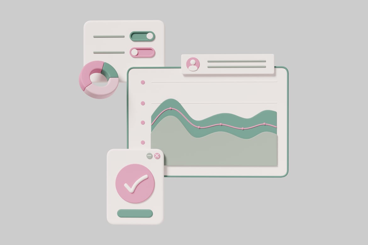 Download Abstract graphic of computer screen with line graph, pie chart, and document with checkmark. 3D Model