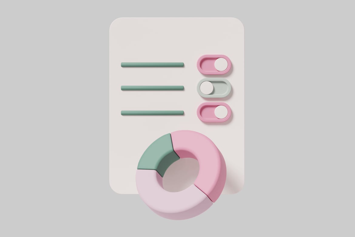 Download Abstract graphic with white rectangle, horizontal lines, toggle switches, and pie chart. 3D Model