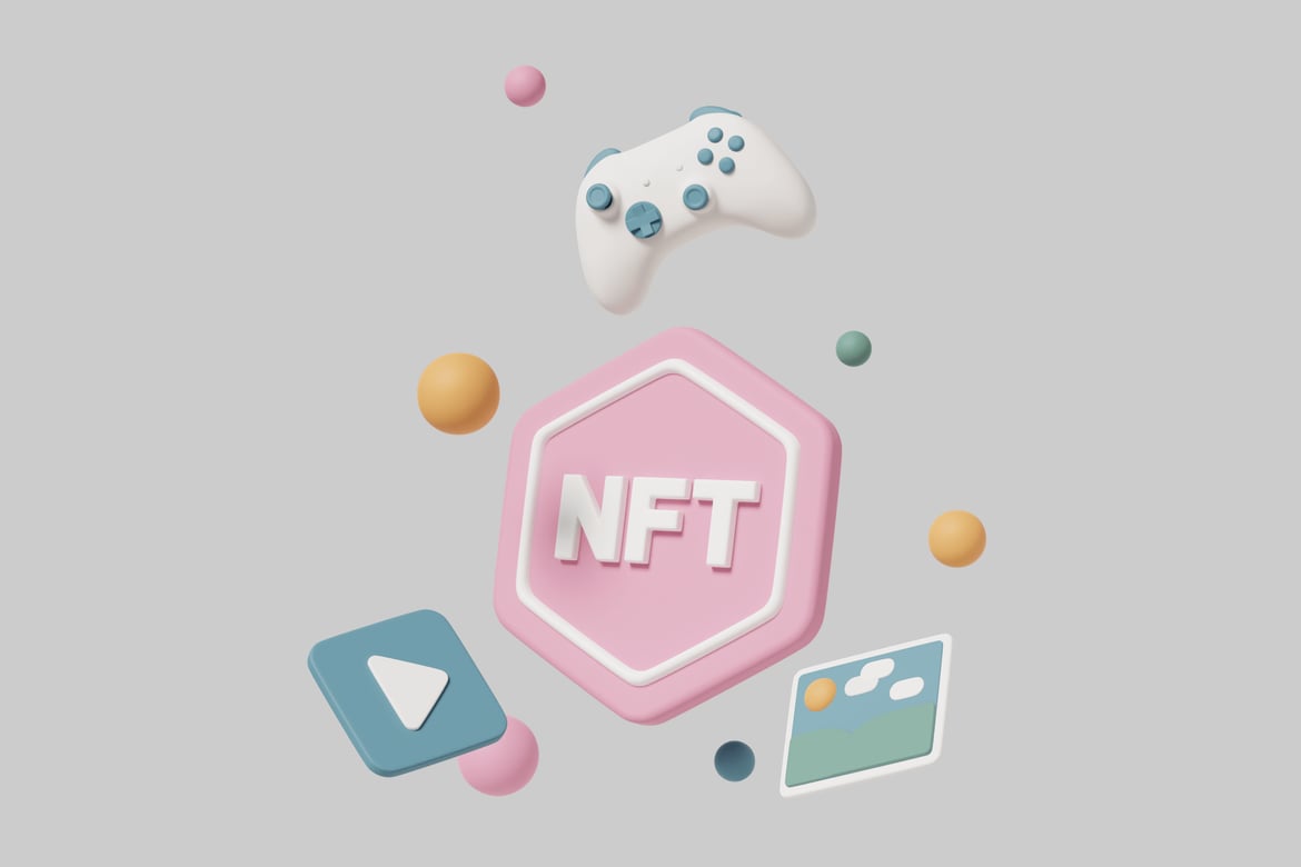 Download Abstract NFT illustration with pink hexagon and various shapes and objects. 3D Model