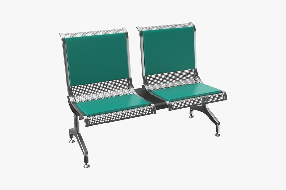 Download Airport Waiting Chair, Perforated Metal and Green Vinyl Two-Seated Bench on Wheels 3D Model