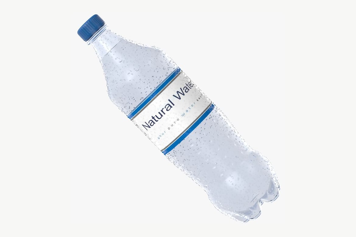 Download Angled Clear Water Bottle with Blue Cap and Label 3D Model