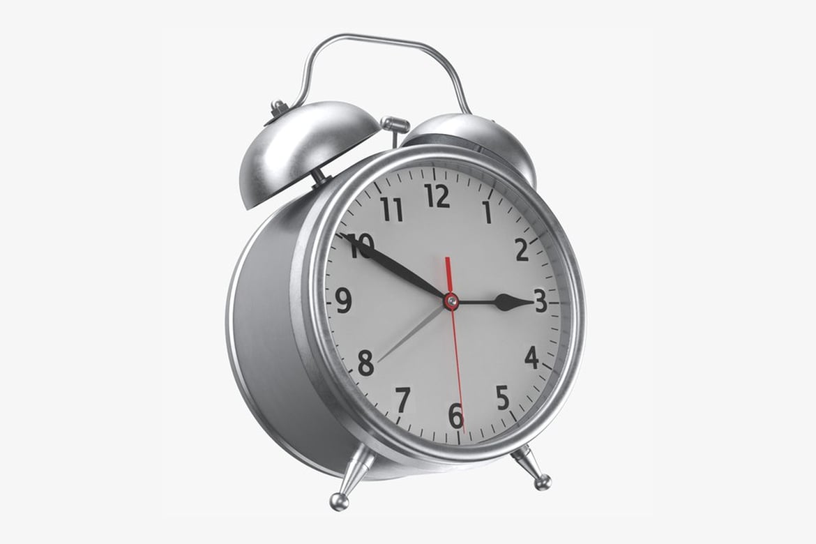 Download Angled Silver Alarm Clock with White Face and Black Numerals 3D Model