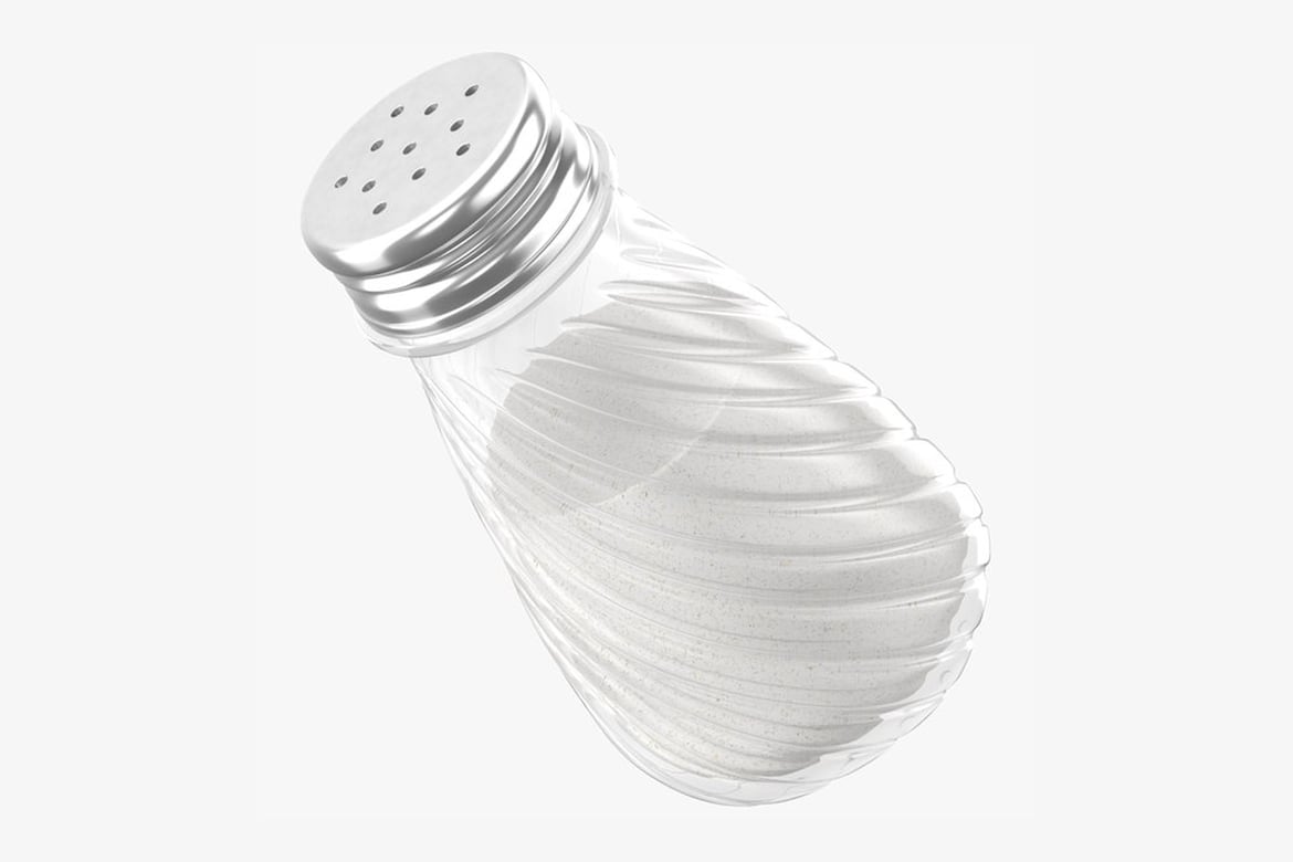 Download Angled View of Ribbed Plastic Salt Shaker with Perforated Metal Lid 3D Model