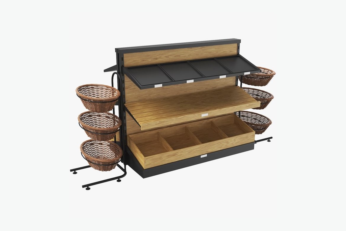 Download Angled View of Wood and Metal Display Stand with Drawers and Baskets 3D Model