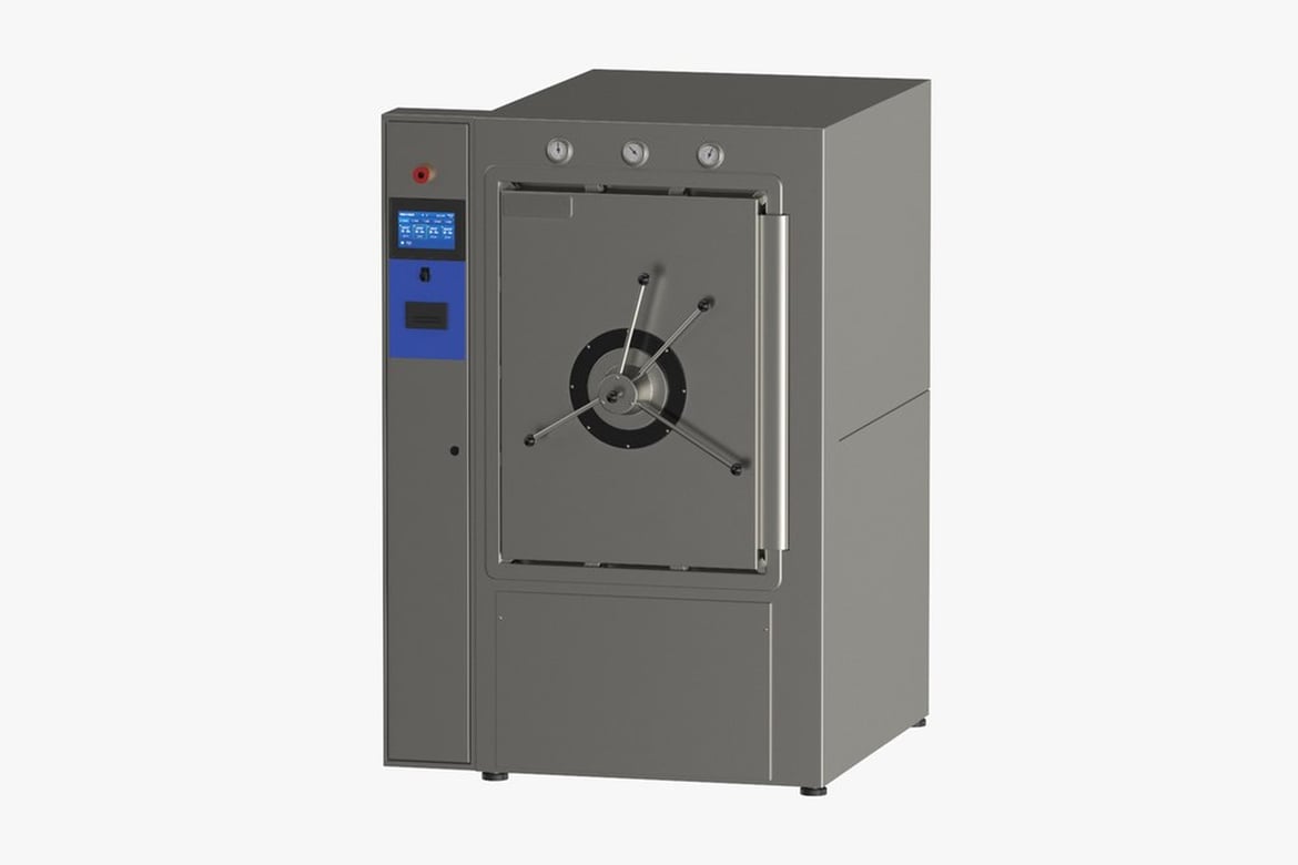 Download Autoclaves Closed and Open, Dark Gray Rectangular Device with Blue Panel and Circular Dials 3D Model