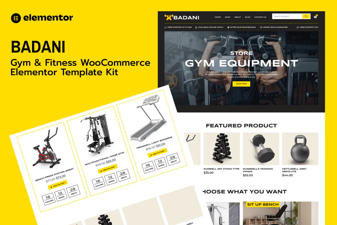 Download Badani - Gym Fitness Equipment Shop & Store WooCommerce Elementor Pro Template Kit