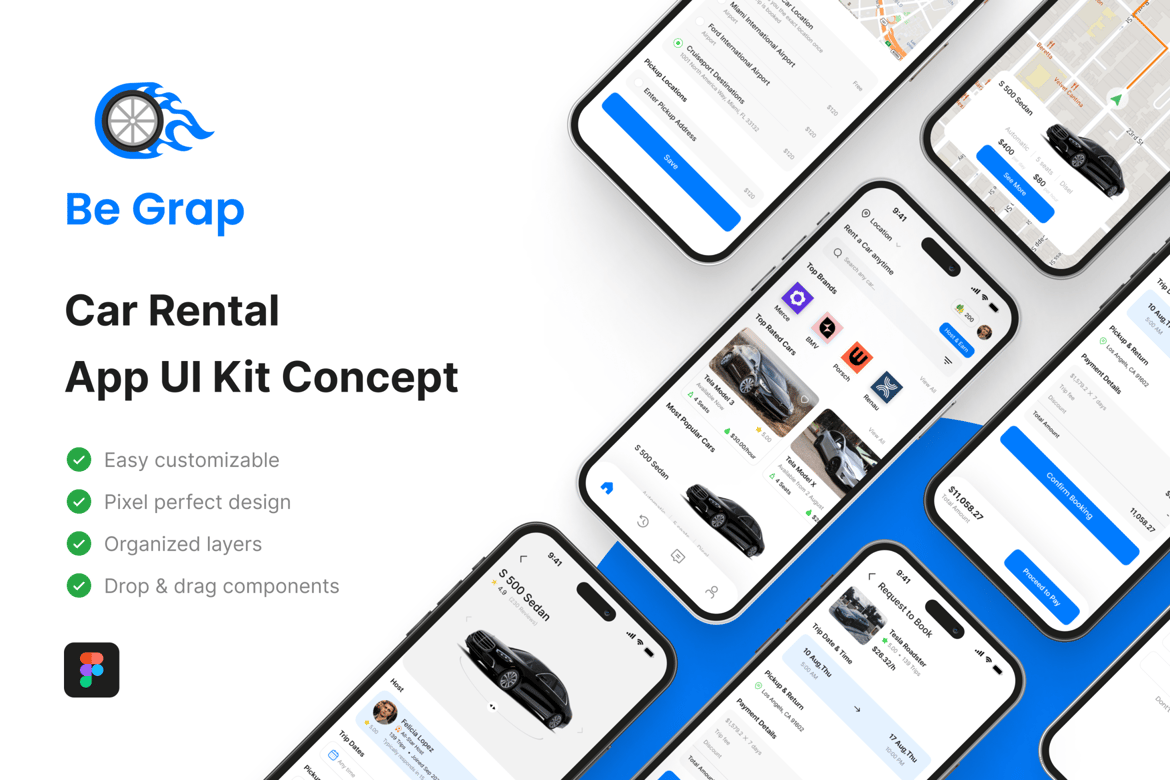 Download Be Grap - Car Rental App UI Kit Figma Design