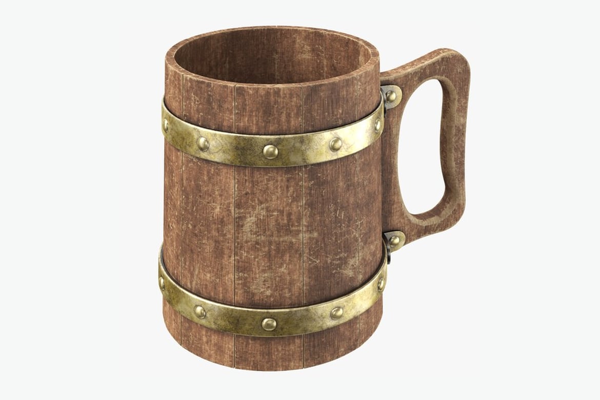 Download Beer Stein, Wooden Mug with Metal Bands and Rounded Handle 3D Model