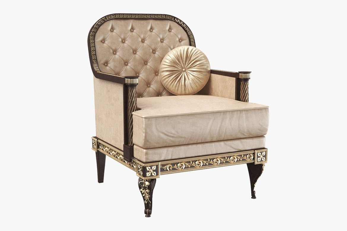 Download Beige Tufted Chair with Dark Wood and Gold Accents 3D Model