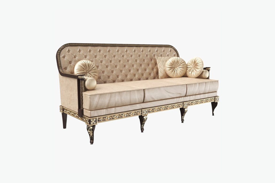 Download Beige Tufted Sofa with Ornate Black and Gold Legs 3D Model