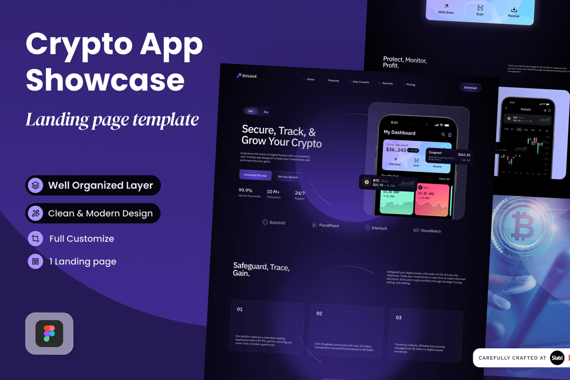 Download BitSafeX - Crypto App Showcase Landing Page Figma Design