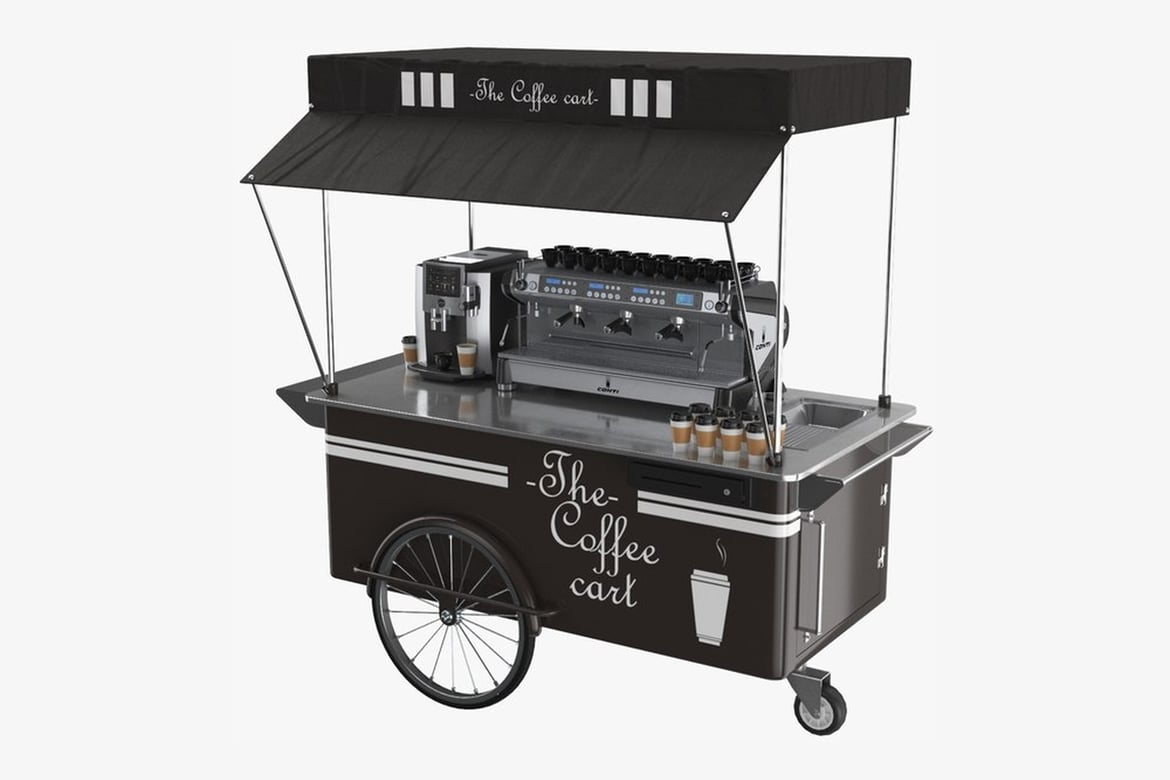 Download Black and White Coffee Cart with Espresso Machine and Accessories 3D Model