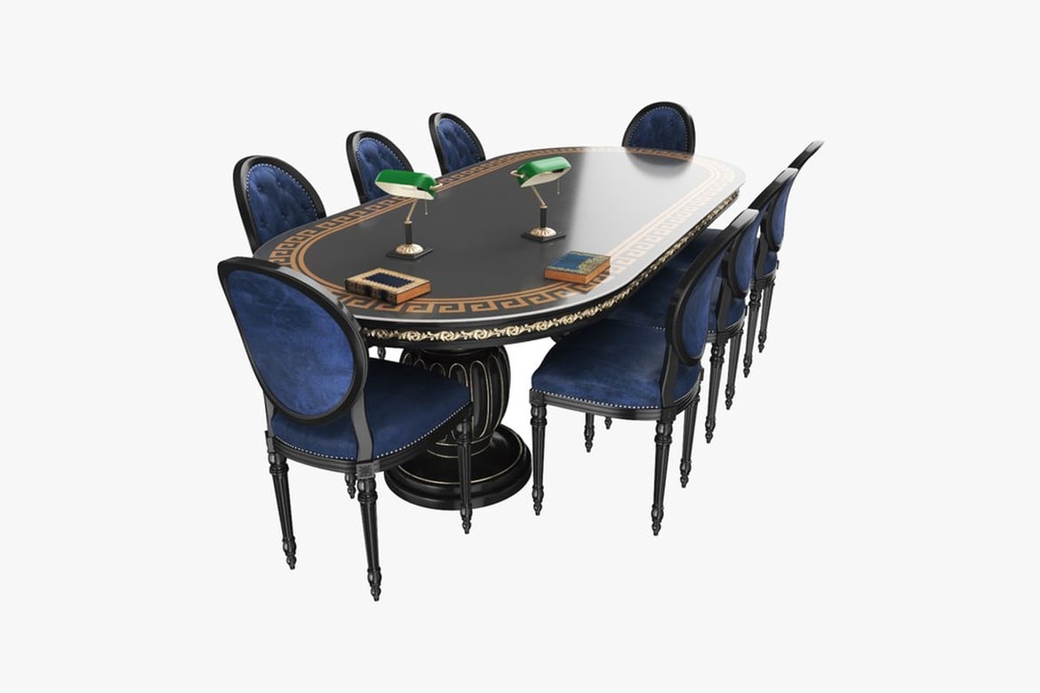 Download Black & Gold Oval Table with Blue Studded Chairs 3D Model