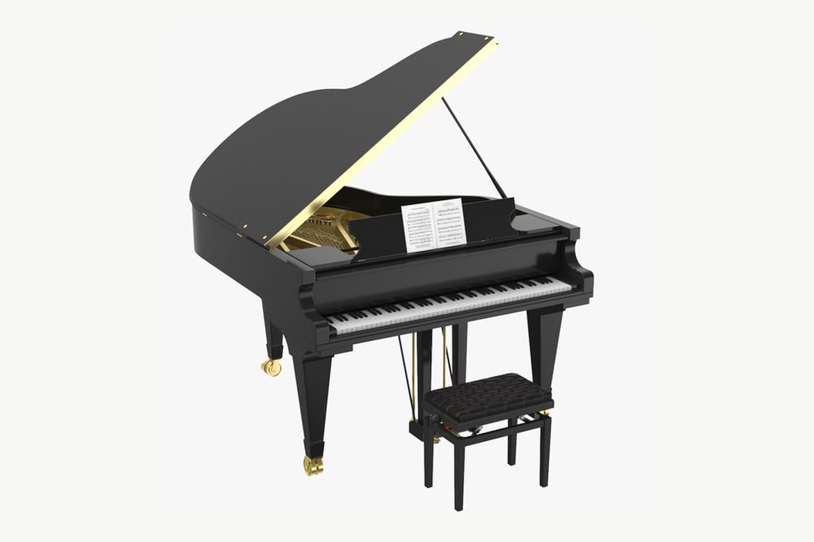 Download Black Grand Piano with Gold Accents and Music Sheet 3D Model