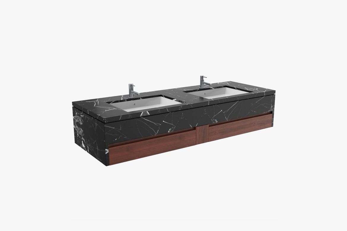 Download Black Marble Double Vanity with Integrated Sinks and Dark Wood Drawers 3D Model