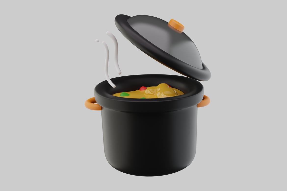 Download Black pot and lid with yellow soup 3D Model