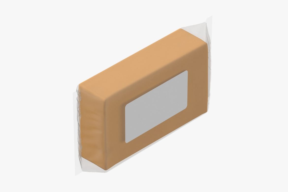 Download Block Cheese 1Lbs Blank and Generic Label, Angled Light Brown Rectangular Prism with Recessed Panel 3D Model