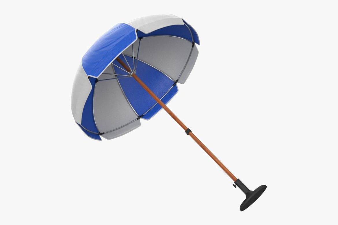 Download Blue and Gray Striped Umbrella with Brown Pole and Black Base 3D Model