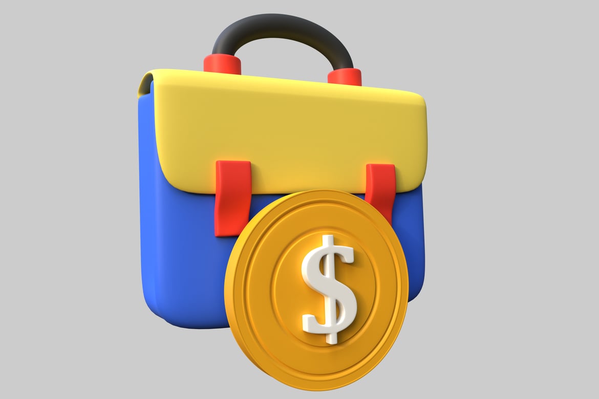 Download Blue and yellow backpack with a gold coin 3D Model