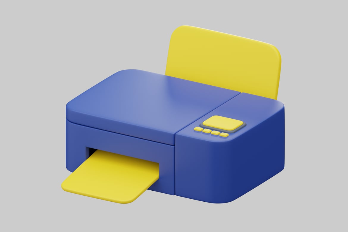 Download Blue and yellow printer with control panel and paper trays 3D Model