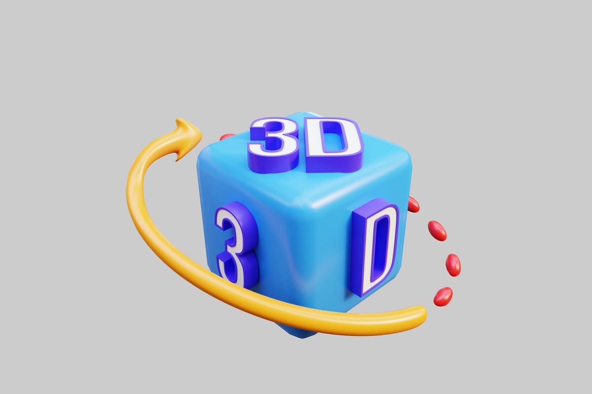 Download Blue cube with yellow arrow and red ovals. 3D Model