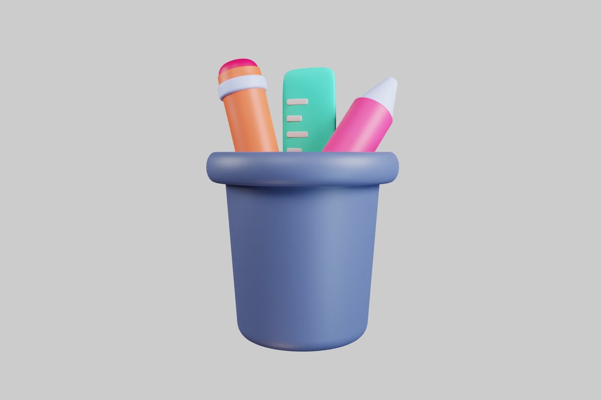 Download Blue cup with three writing utensils 3D Model