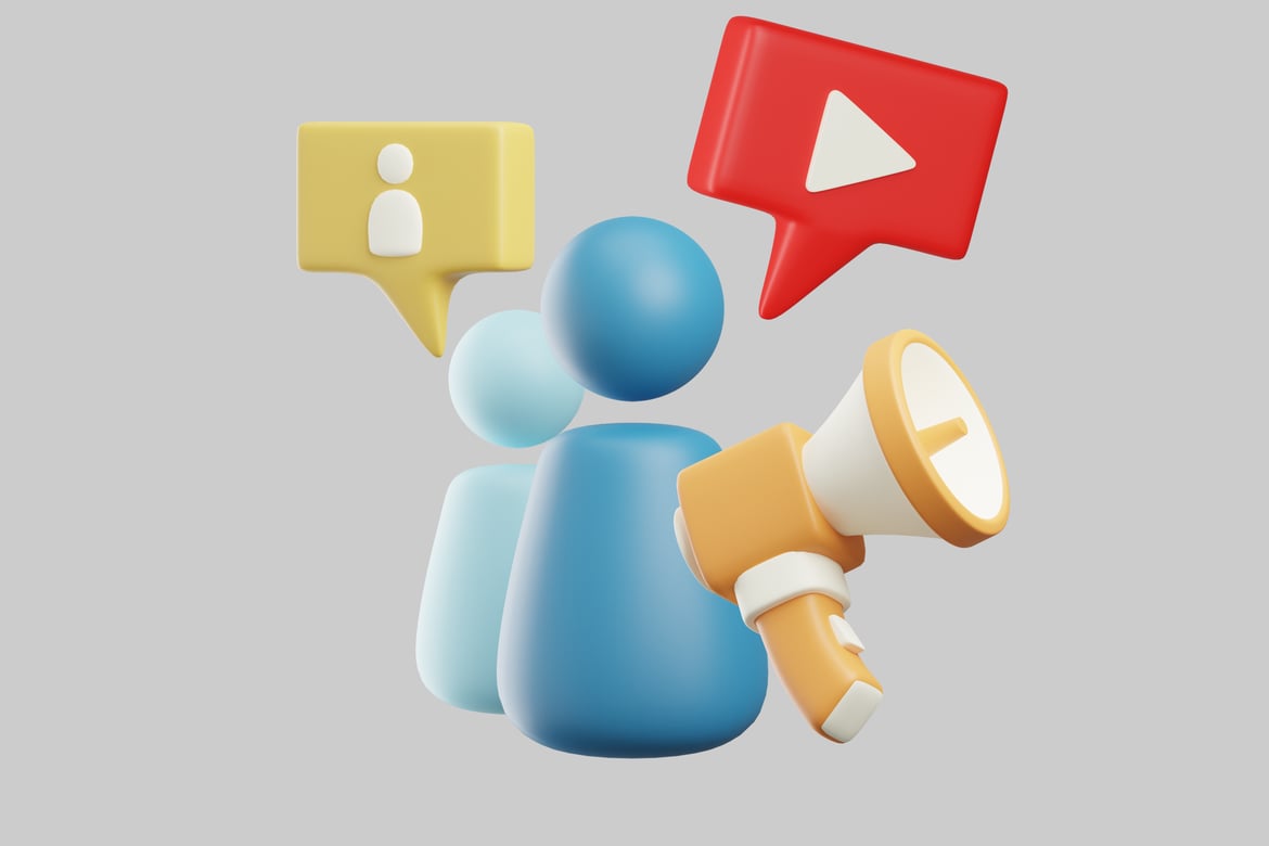 Download Blue figure with speech bubbles and megaphone 3D Model