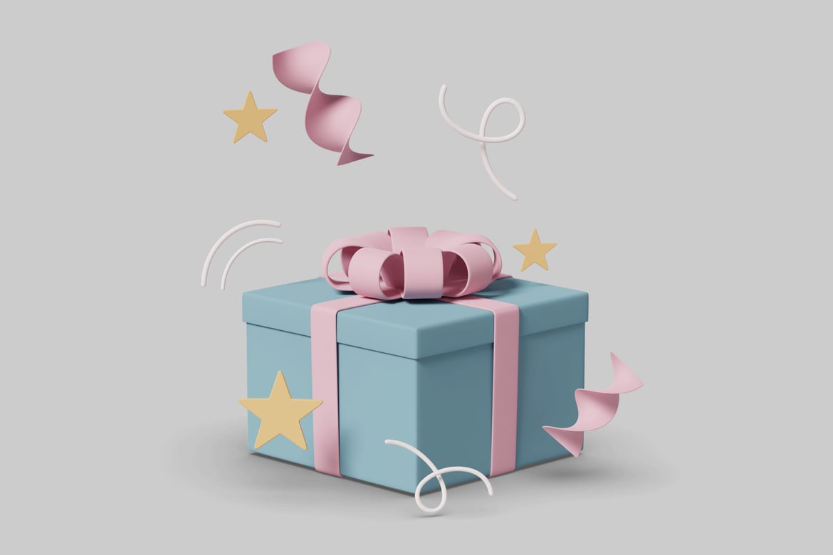 Download Blue gift box with pink ribbon and bow, surrounded by decorative elements. 3D Model