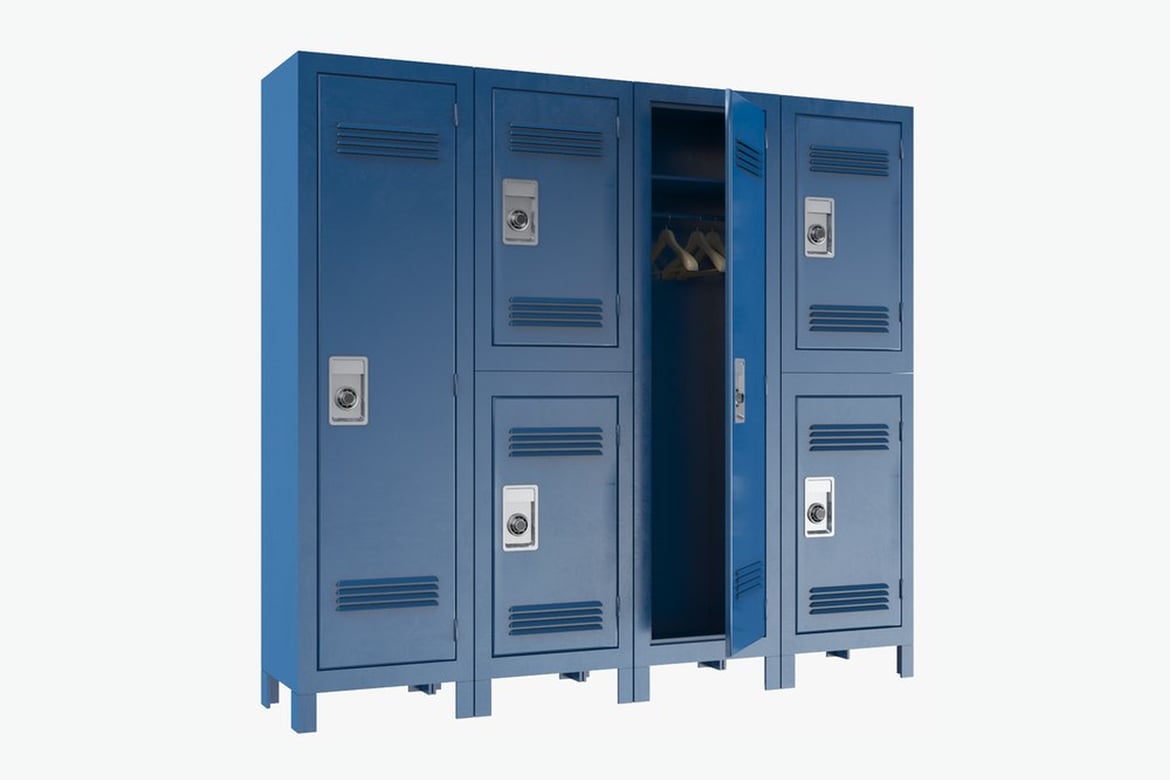 Download Blue Metal Lockers with Open Door and Wooden Hangers 3D Model