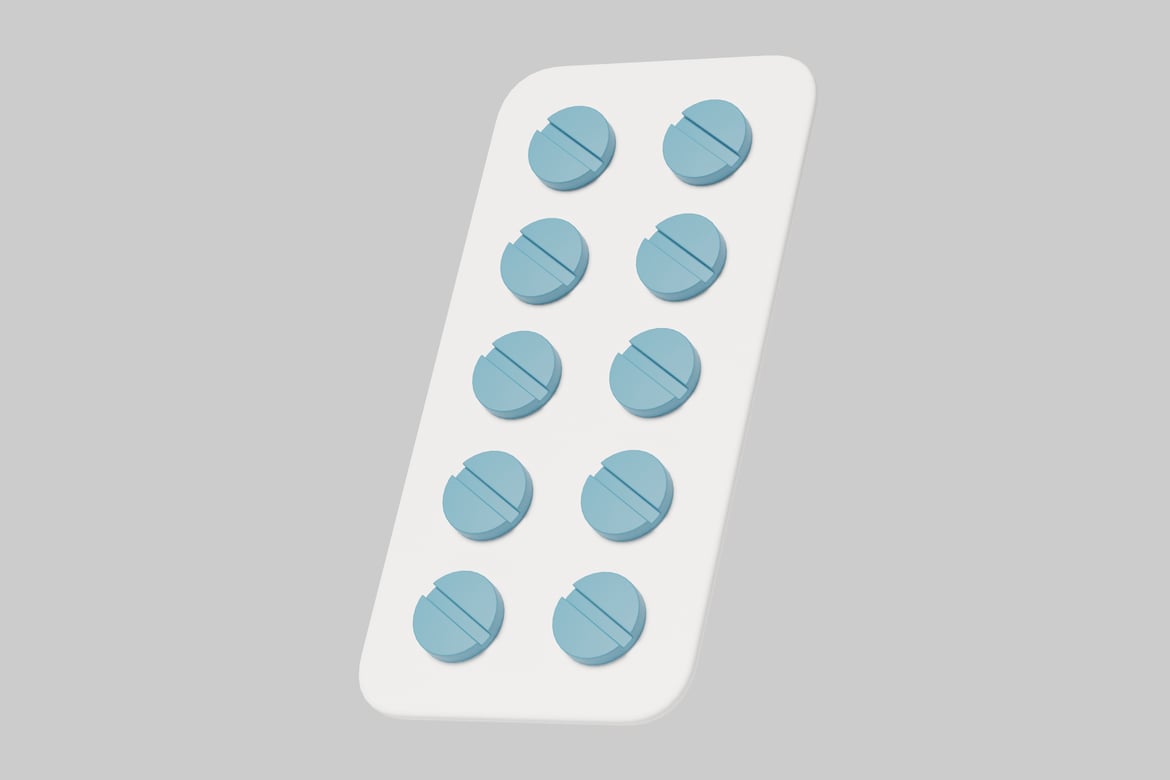 Download Blue pills in a white rectangular pill package. 3D Model