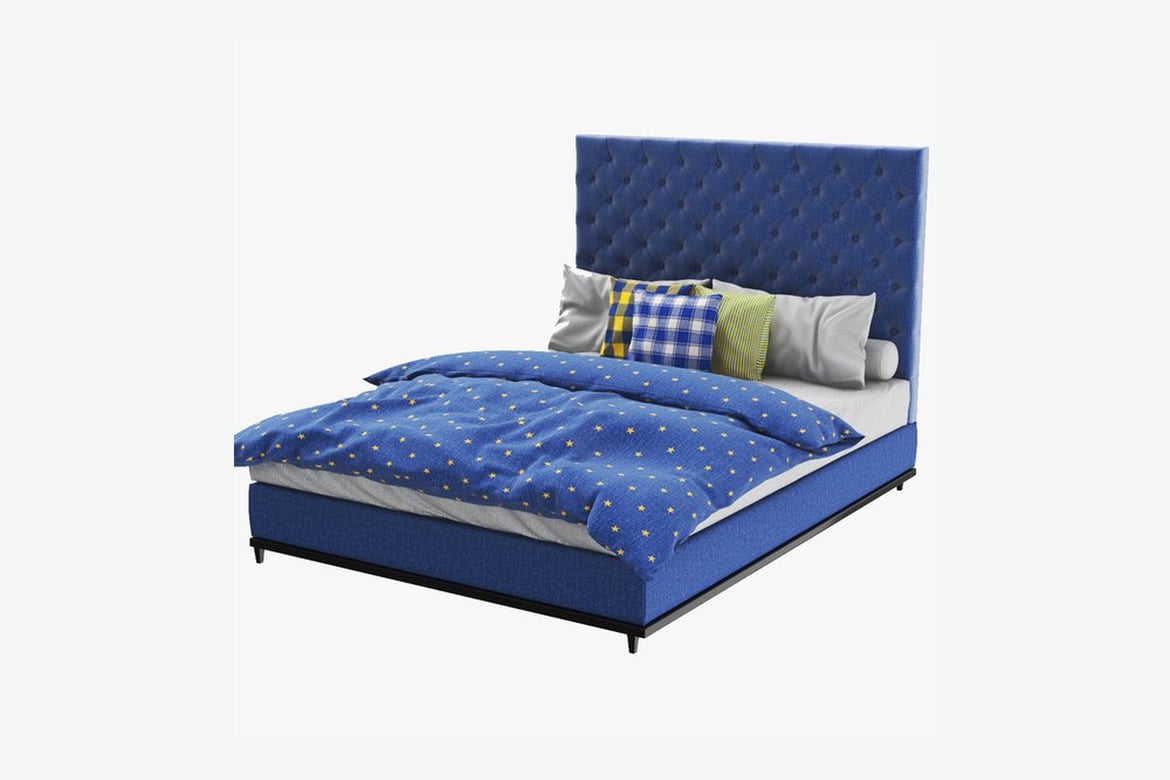 Download Blue Tufted Bed with Starry Comforter and Patterned Pillows 3D Model