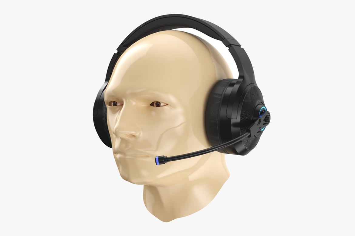 Download Bluetooth Headphones, Black Headset with Blue Microphone on Mannequin 3D Model